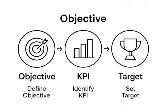 Infographic showing steps to set KPIs: objectives to KPIs to targets