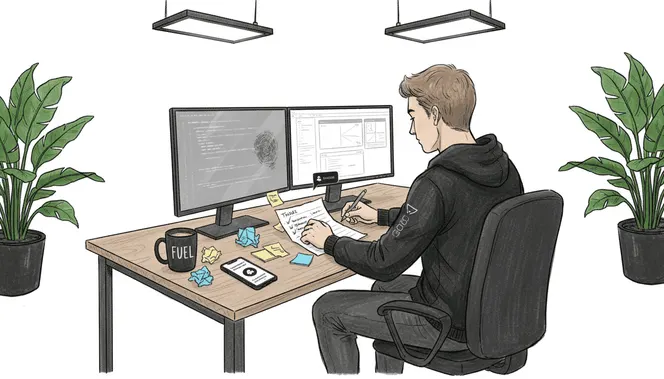 Developer updating handwritten task list at desk