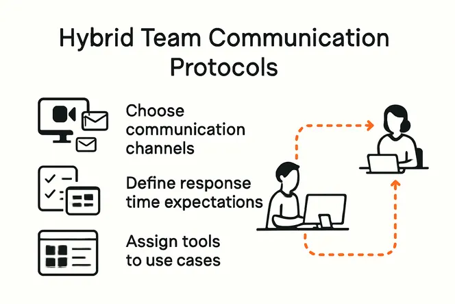 Infographic of hybrid team communication protocols and workflows