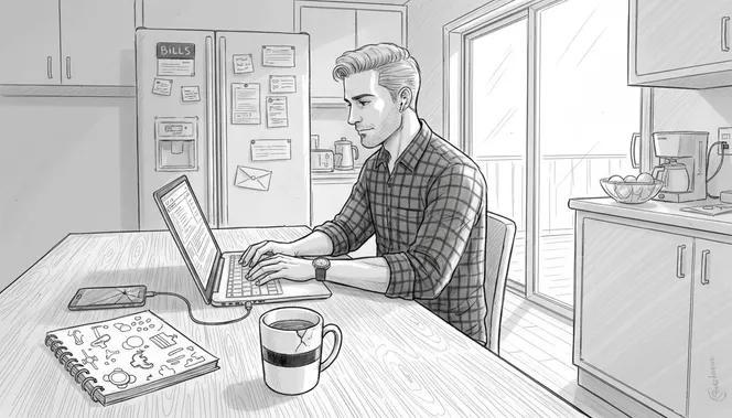 Multi-skilled freelancer at home kitchen table