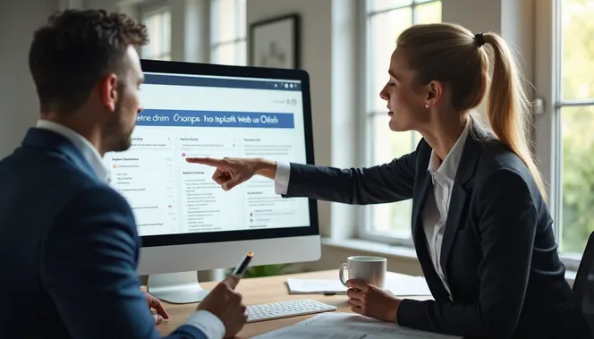 Two colleagues reviewing CRM lead management system at desk