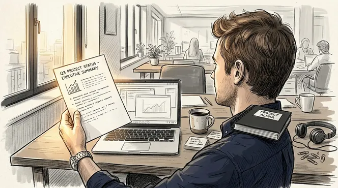 Project manager reading executive summary at desk
