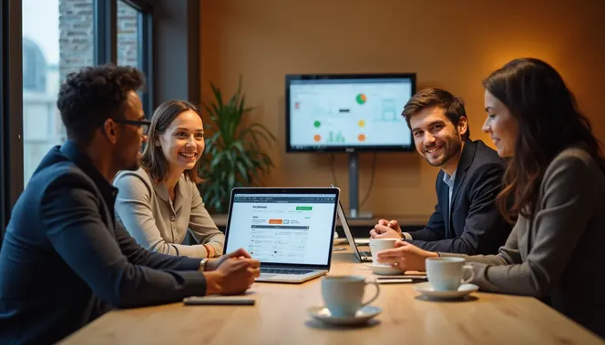 Business owners discuss automation tools in a meeting room