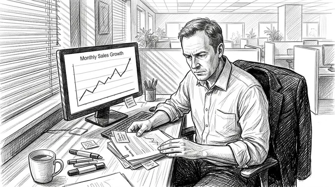 Sales manager studies AI-driven sales growth data