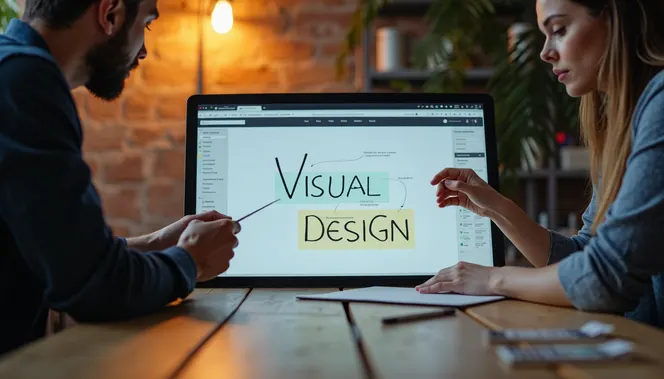 Team reviews touchscreen mockup with Visual Design text on screen