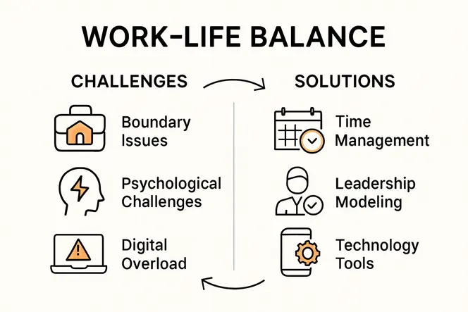 Infographic showing work-life balance challenges and solutions